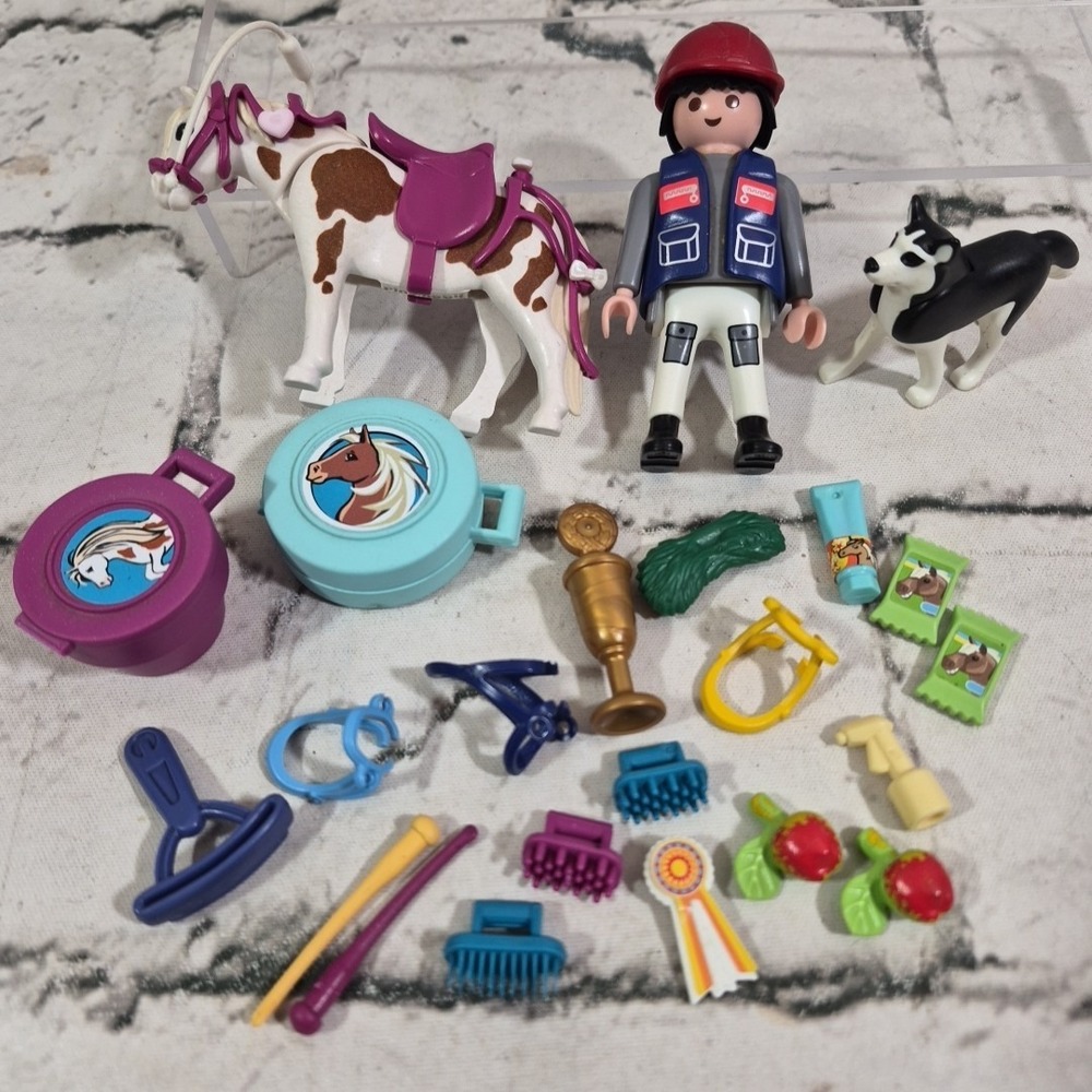Playmobil‎ Horse W/ Rider Dog Lot Equestrian Accessories Treats Brushes Bridles